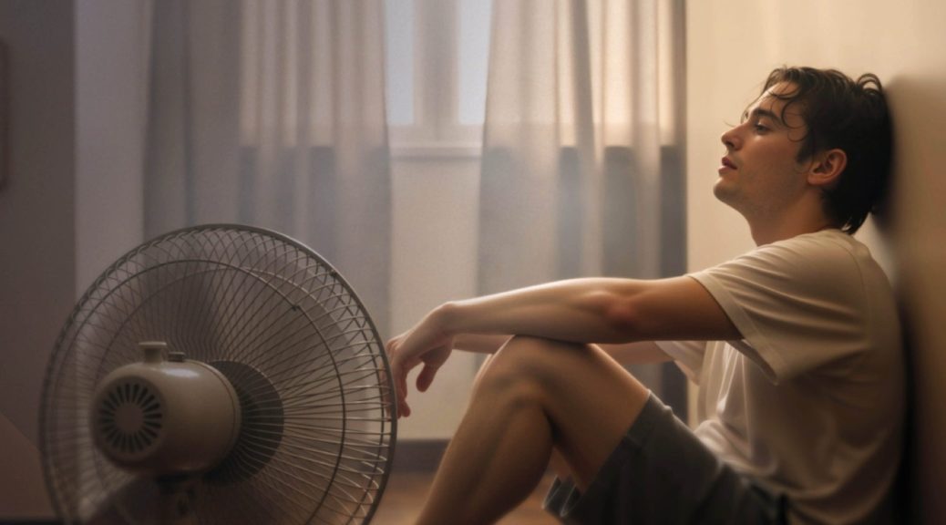 man sitting on the floor with a fan